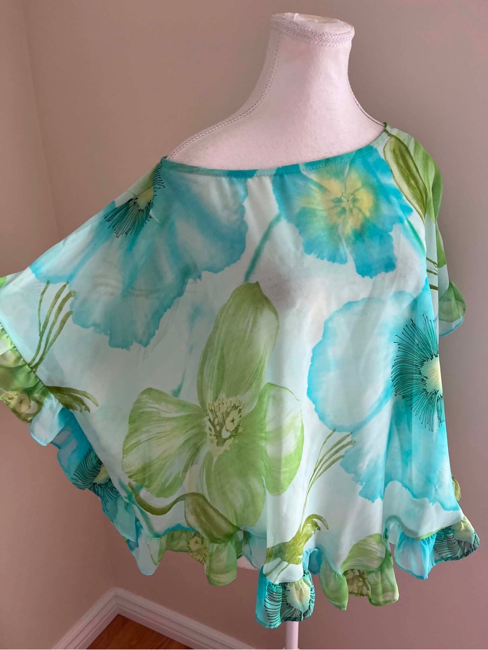 Sheer Floral Off-Shoulder Top in Aqua & Lime